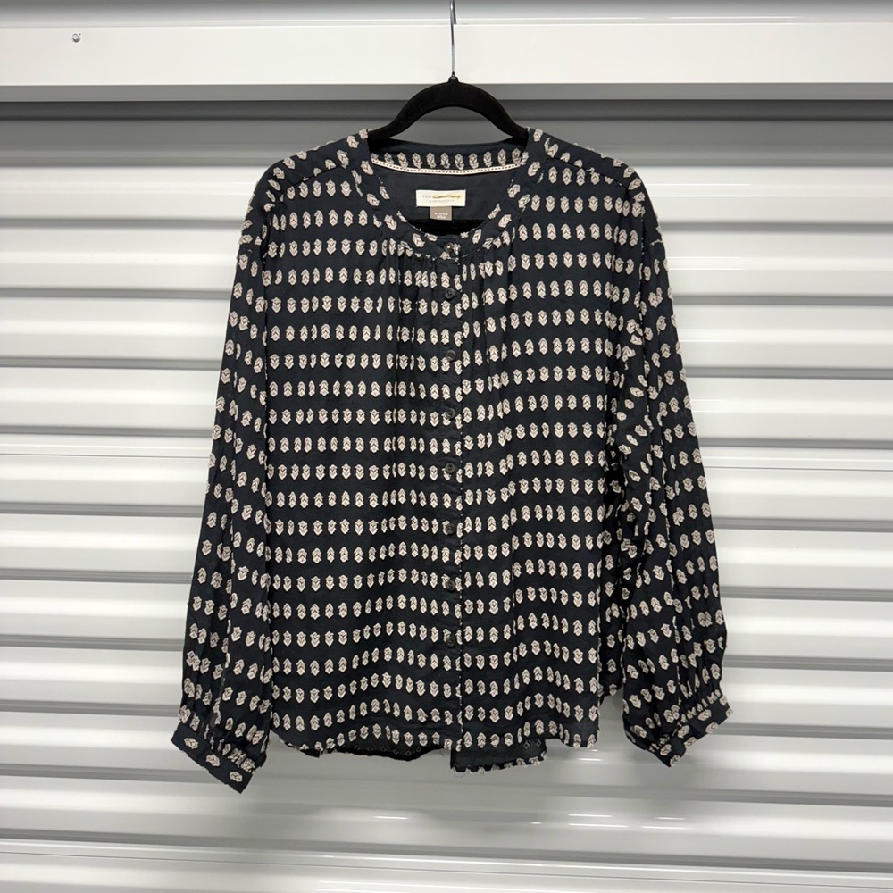 Pilcro by Anthropologie Black Embroidered Cotton Button Front Blouse